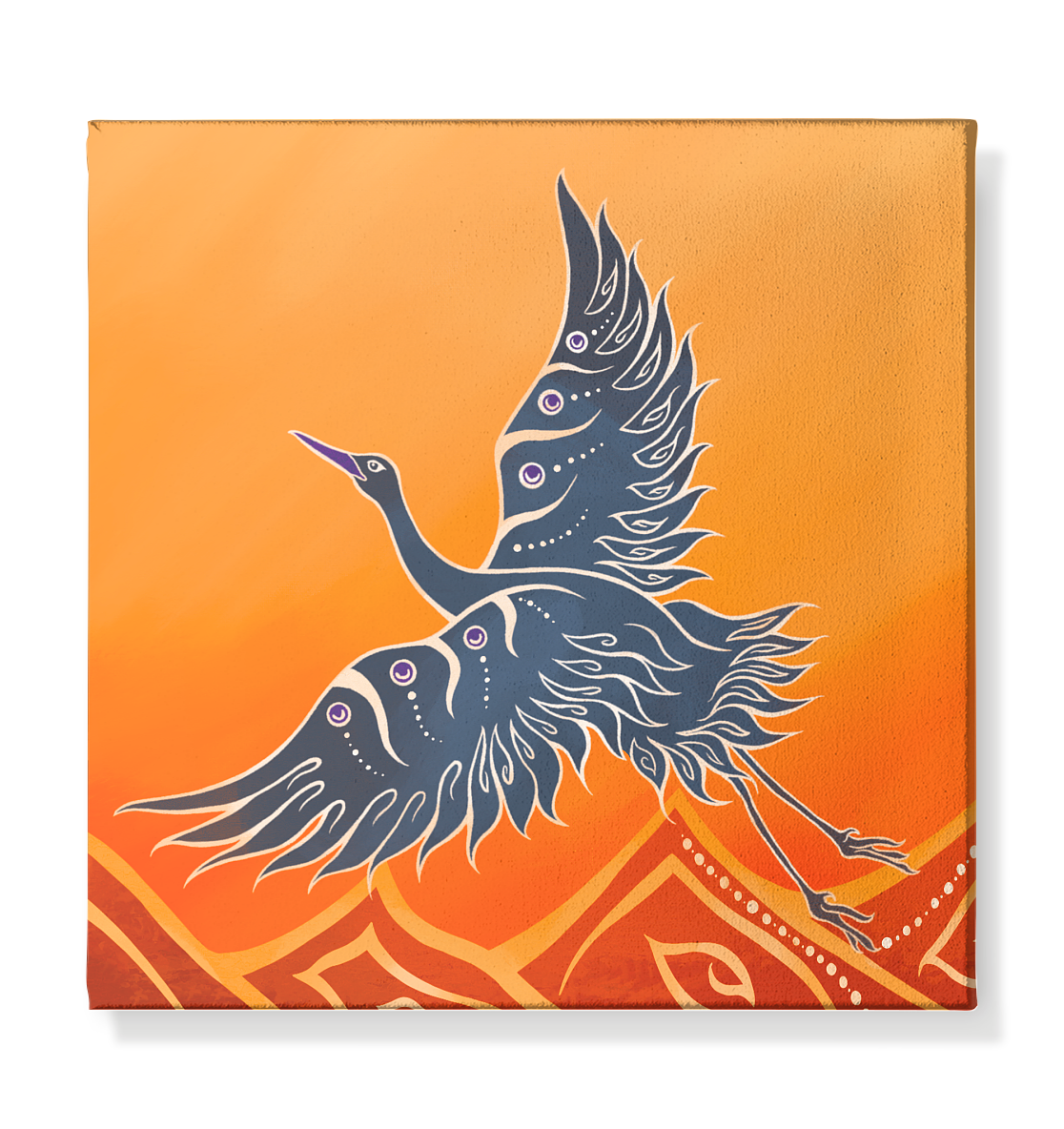 Kranich Aufbruch – Kranich Leinwandbild in warmen Orangetönen, quadratisch 30x30 cm, 40x40 cm,