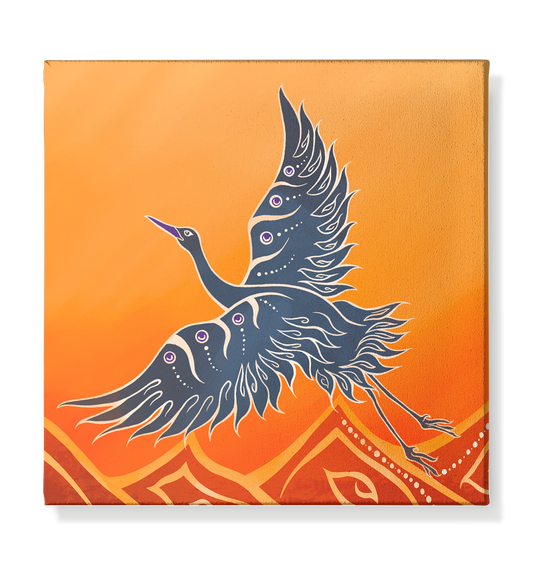 Kranich Aufbruch – Kranich Leinwandbild in warmen Orangetönen, quadratisch 30x30 cm, 40x40 cm, 